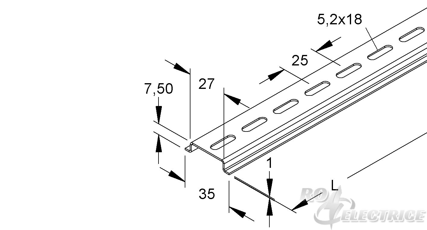 Tragschiene, Hut-Profil, 35x7,5x2000 mm, gelocht, Stahl, bandverzinkt DIN EN 10346