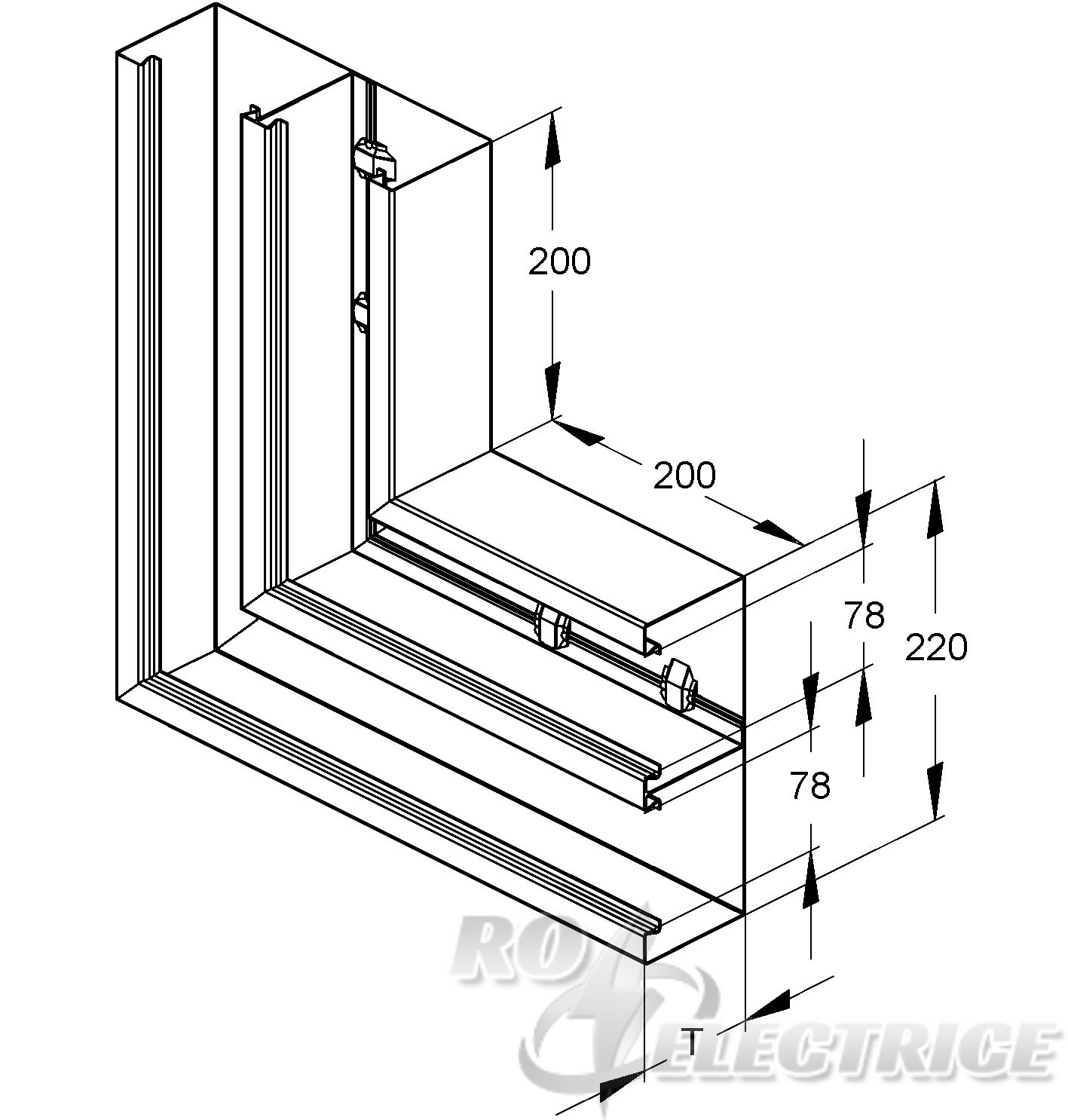 GK-Vertikaleck 90°,doppelzügig symmetrisch, 220x100 mm,De-Öffn. 2x78mm, Stahl, bandverzinkt DIN EN 10346, pulverbe., RAL