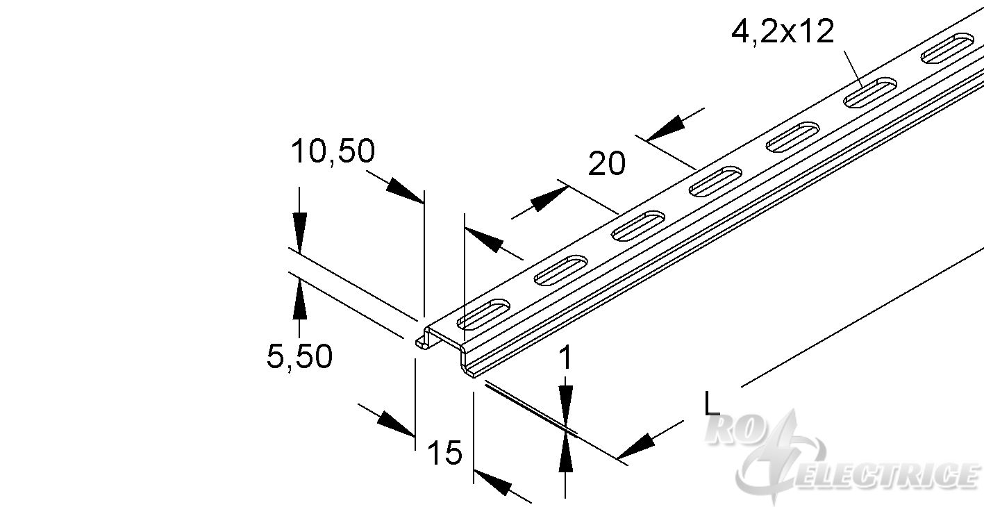 Tragschiene, Hut-Profil, 15x5,5x2000 mm, gelocht, Stahl, bandverzinkt DIN EN 10346