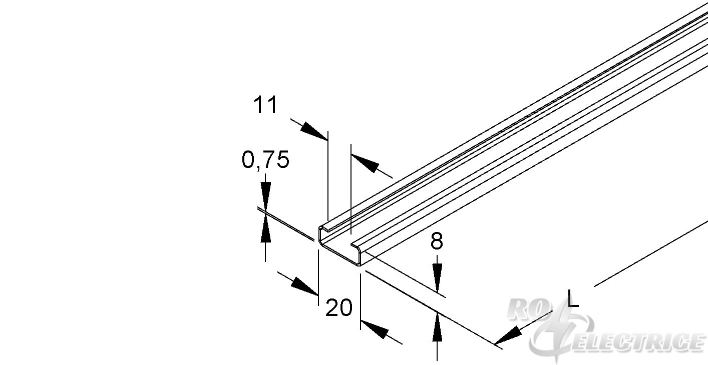 Reihenschiene, C-Profil, Schlitzweite 11 mm, 20x8x2000 mm, ungelocht, Stahl, blank