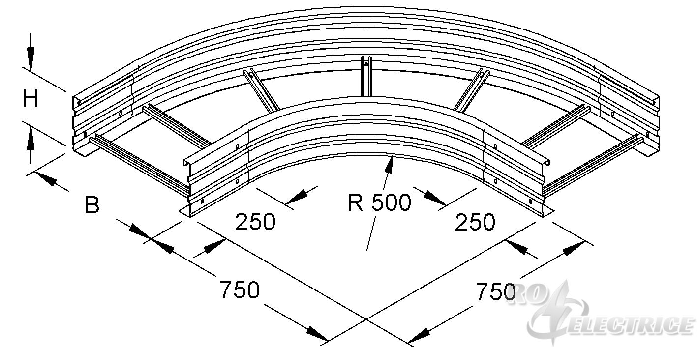 Bogen 90° für WSL, 200x200 mm, rund, gesickt, ungelocht, Stahl, bandverzinkt DIN EN 10346