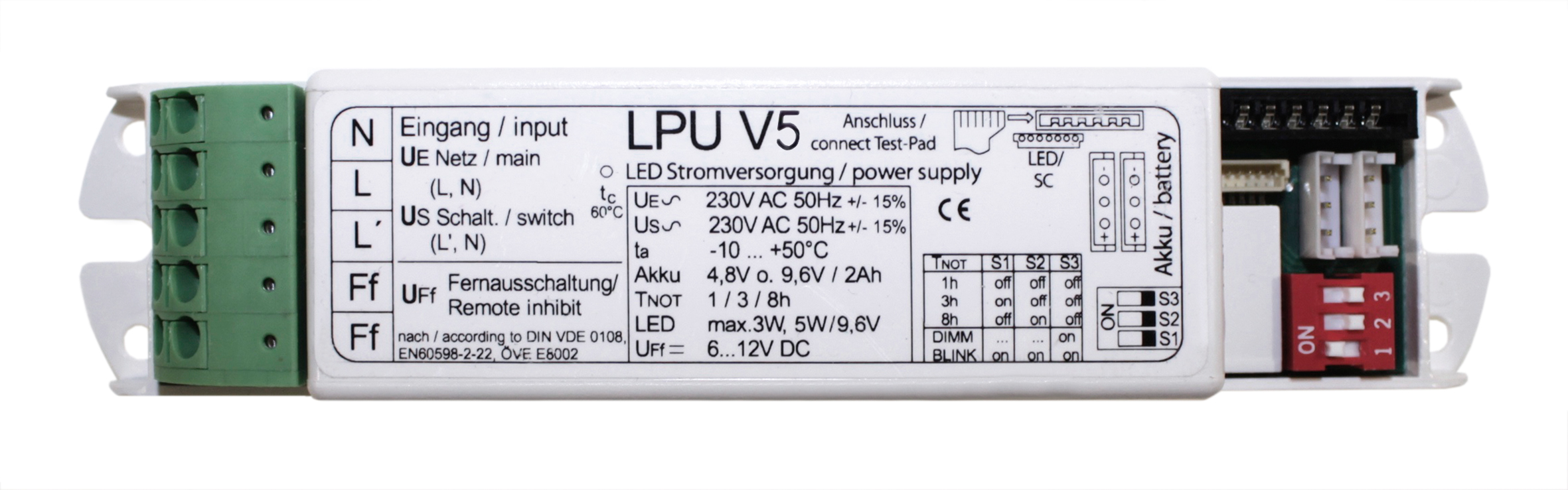 Processor controlled emergency light unit for LED luminaires