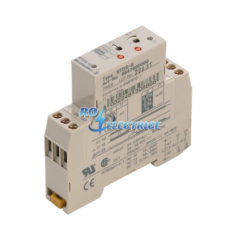 TIMER BTDS-S; BT series, Timing relay, No. of contacts: 2, NO contact, AgNi 90/10, Rated control voltage: 24...230 V AC, 24...48 V DC, Continuous curr