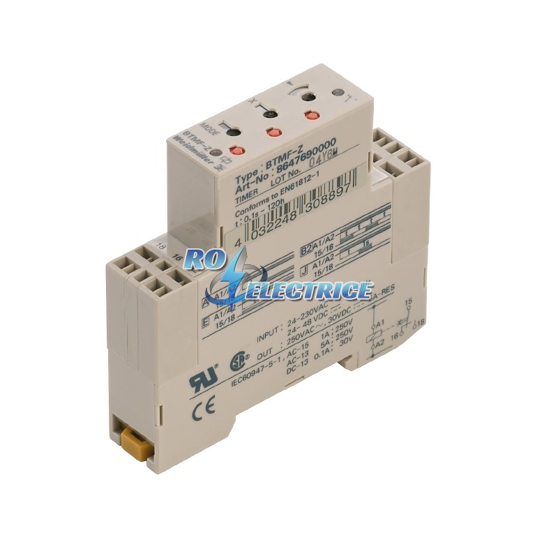 TIMER BTMF-Z; BT series, Timing relay, No. of contacts: 1, CO contact, AgNi 90/10, Rated control voltage: 24...230 V AC, 24...48 V DC, Continuous curr