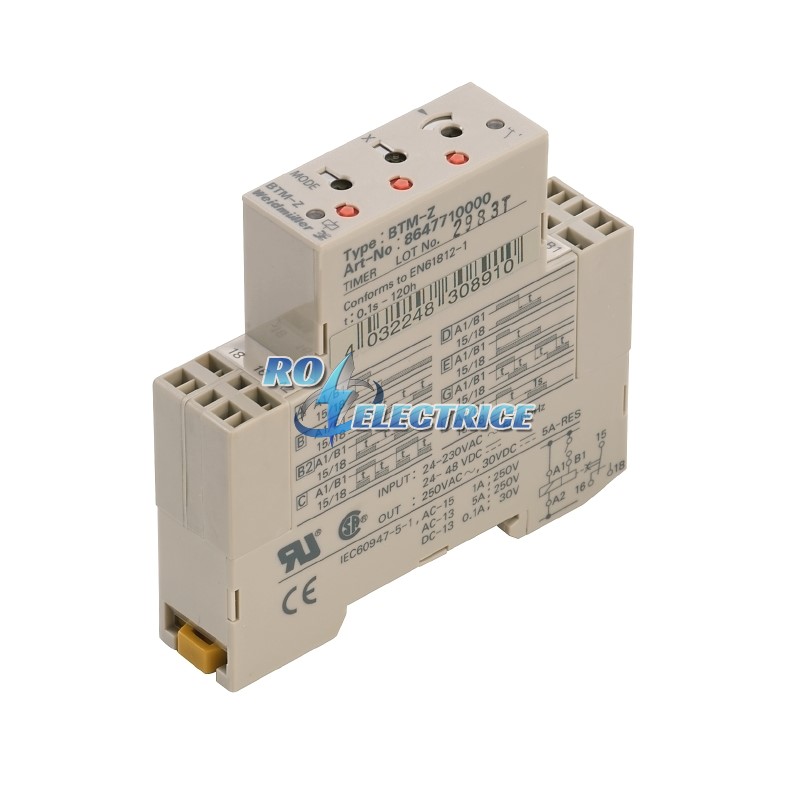 TIMER BTM-Z; BT series, Timing relay, No. of contacts: 1, CO contact, AgNi 90/10, Rated control voltage: 24...230 V AC, 24...48 V DC, Continuous curre