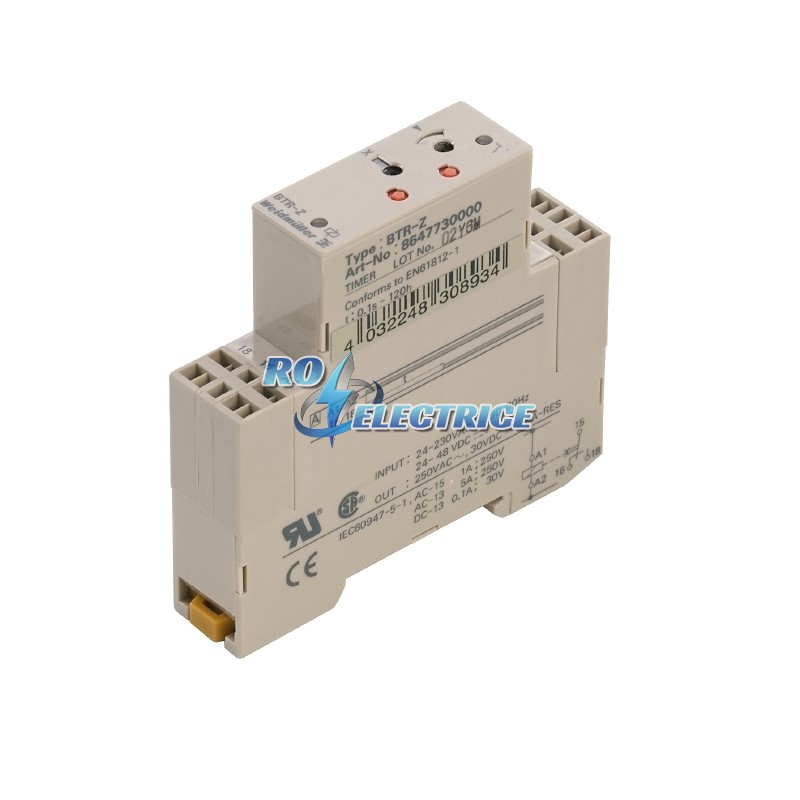 TIMER BTR-Z; BT series, Timing relay, No. of contacts: 1, CO contact, AgNi 90/10, Rated control voltage: 24...230 V AC, 24...48 V DC, Continuous curre