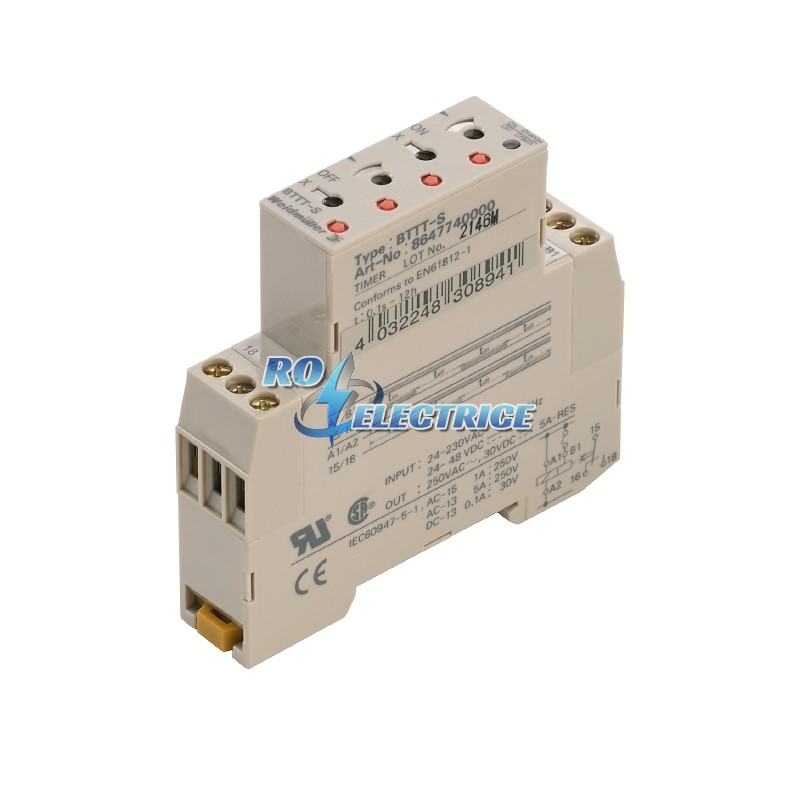 TIMER BTTT-S; BT series, Timing relay, No. of contacts: 1, CO contact, AgNi 90/10, Rated control voltage: 24...230 V AC, 24...48 V DC, Continuous curr