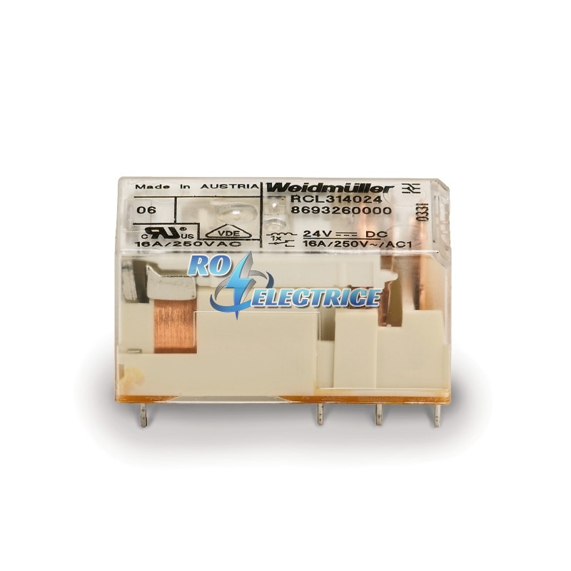 RCL314024; RIDERSERIES, Relais, No. of contacts: 1, CO contact, AgNi 90/10, Rated control voltage: 24 V DC, Continuous current: 16 A, Plug-in connecti